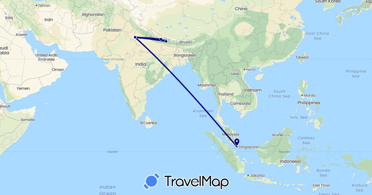 TravelMap itinerary: driving in India, Nepal, Singapore (Asia)